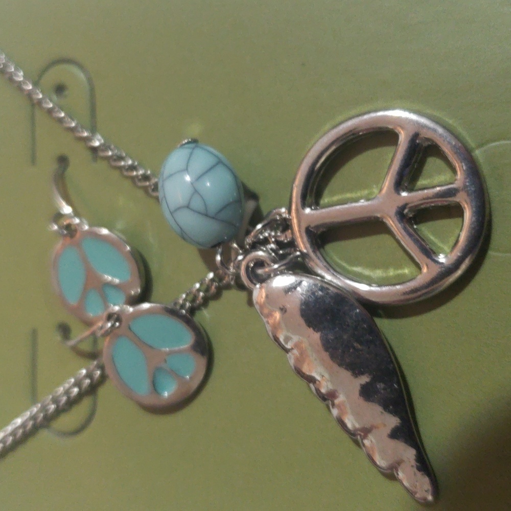 Boho Silver Peace Charm Necklace & Turquoise Accent Earrings – Artisan Jewelry - Picture 8 of 8